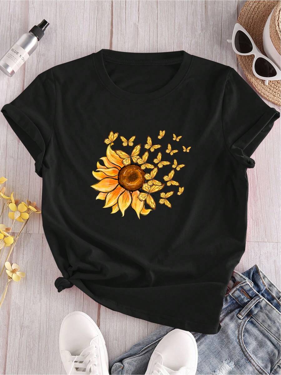 Camiseta Casual Esencial de Corte Holgado - Corte Holgado - Camiseta casual para mujeres solas, con diseños de girasoles y mariposas, cuello redondo y mangas cortas. Hecho de tela ligeramente elástica. Algodón Suave para Uso Diario en Verano - Negro - Ver 1