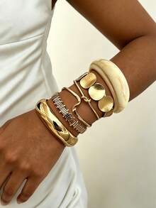 6pcs/5pcs/1pc Vintage Exaggerated Luxurious Casual Geometric Design Metal & Resin Bangle Bracelet Set, Elastic Bracelet Suit For Women Daily Wear, 2026 New Arrival - Gold - View 2