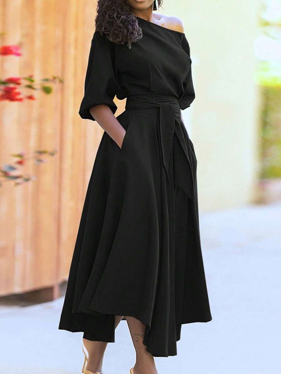 Long, Plain Dress With Asymmetrical Shoulder, Ties, And Fitted Waist, Spring 2026 - Black - View 1