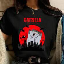 Camiseta de mujer de algodón, manga corta cuello redondo, diseño de gato monstruo Catzilla, estilo juvenil  para México primavera-verano - Negro - Ver 1