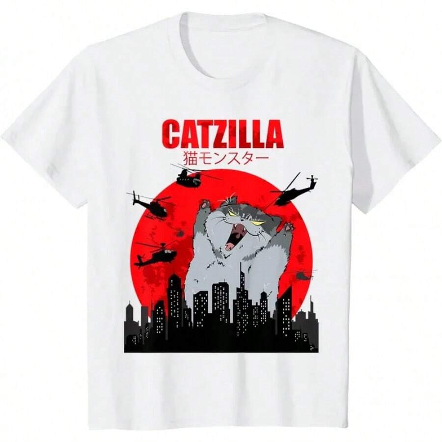 Playeras casuales de mujer en algodón puro, estampado Catzilla con gato, cómoda para uso diario, ideal para amantes de los gatos - Blanco - Ver 1