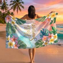 1pc Hello Summer Plumeria Flower Print Beach Towel, Suitable For Travel, Outdoor Camping, Beach, Swimming, Beach Vacation - A - View 8