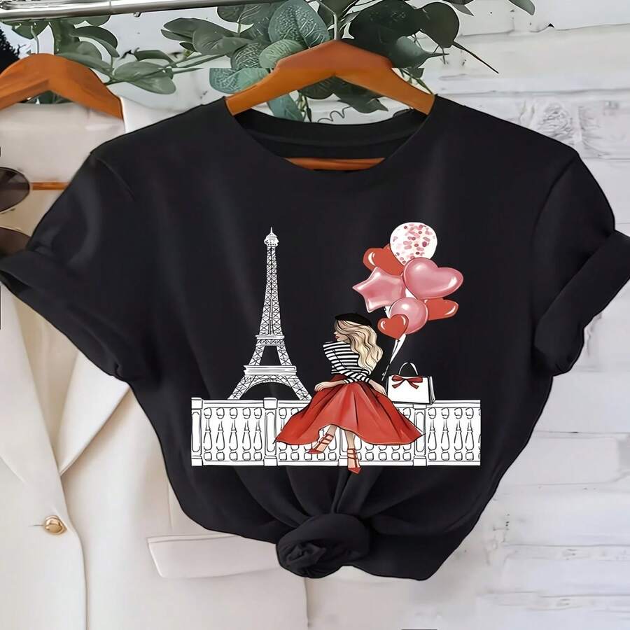 Camiseta informal de algodón de manga corta y cuello redondo para mujer con estampado gráfico de París, ideal para conjuntos de moda otoñal. - Negro - Ver 1