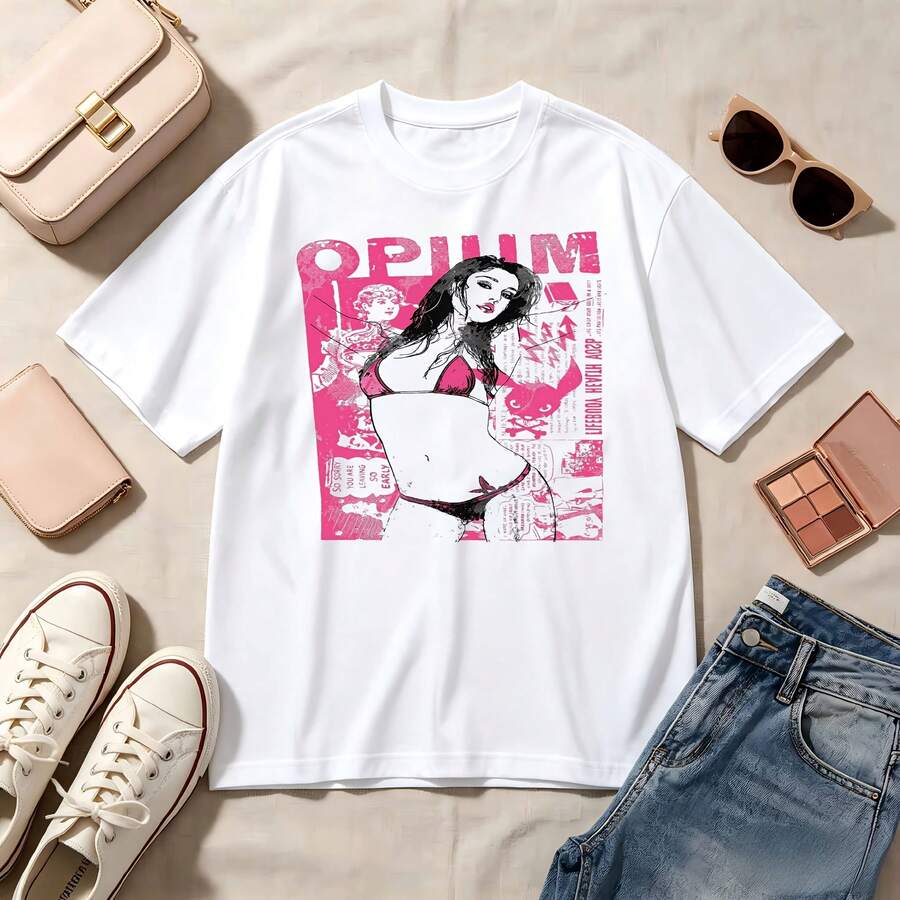 Retro Vintage, Opium Art Print, 100% Cotton Oversized Soft Breathable, Casual Crewneck Short Sleeve Top, Streetwear Y2K Aesthetic Summer Vibes - Blanco - Ver 1