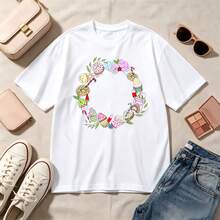 Kawaii, Sweet Treats Wreath, 100% Cotton, Oversized, Soft Breathable, Casual Crewneck, Short Sleeve Top, Summer Vibes, Aesthetic, Streetwear, Women's Fashion - 白色 - 查看 1