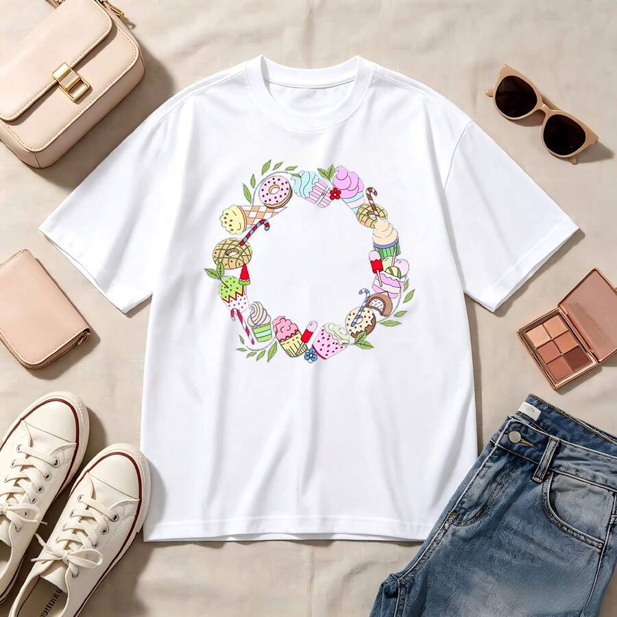 Kawaii, Sweet Treats Wreath, 100% Cotton, Oversized, Soft Breathable, Casual Crewneck, Short Sleeve Top, Summer Vibes, Aesthetic, Streetwear, Women's Fashion - 白色 - 查看 1