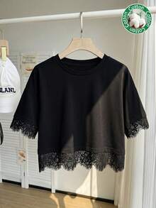 Pure Cotton Comfortable Versatile Lace Patchwork Casual Street Vacation T-Shirt Top, Spring/Summer Black, Effortless Style - Black - View 6