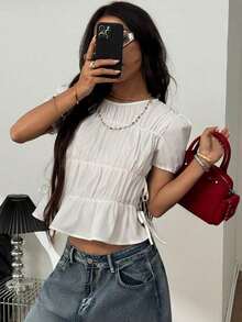 Blusas de mujer con manga corta, cuello redondo, fruncido, encaje y abertura lateral para primavera y verano, estilo Y2K ideal para citas, festivales de música y conciertos - Blanco - Ver 7