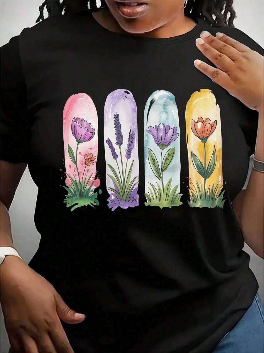 Camiseta de Mujer con Estampado Floral de Tulipanes - Cuello Redondo, Top de Verano en Rosa Pastel y Tulipanes - Blusa Ligera Casual para Primavera y Verano, Ideal para Atuendos Informales e Ideas de Regalo (Lavable a Máquina) - Negro - Ver 1