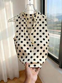 Blusa de mujer casual sin mangas con estampado de lunares, cuello en V, top de mujer, camiseta de mujer, con lunares, retro, diaria, de verano, de vacaciones - Albaricoque - Ver 7