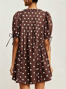 Women Short Puffy Sleeve Princess Tulle Dress Fluffy Mesh Fairy Mini Dress Bubble Sleeve Party Prom Dress - Brown - View 2