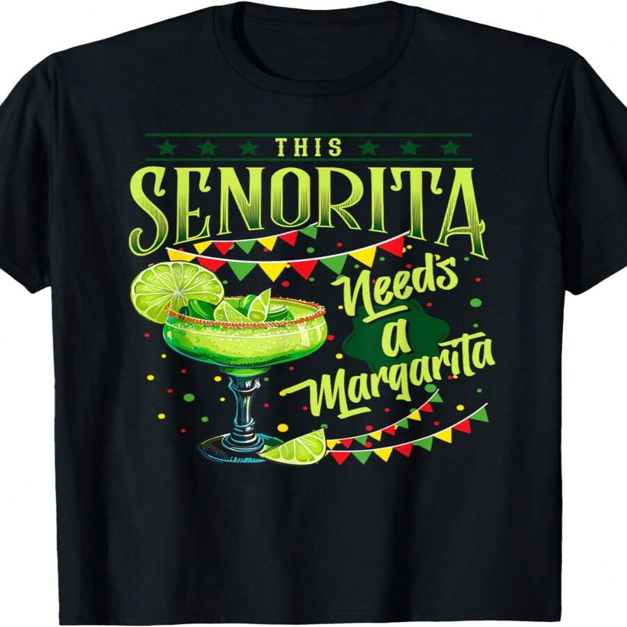 Diversión exclusiva con decoración para el Día de la Independencia y el Día del Padre: "Esta dama necesita una margarita". Camiseta unisex de manga corta con cuello redondo, cómoda, de algodón puro, ideal para fiestas, uso casual y reuniones con temática de margaritas. Corte regular que se adapta a todo tipo de cuerpo. - Negro - Ver 1