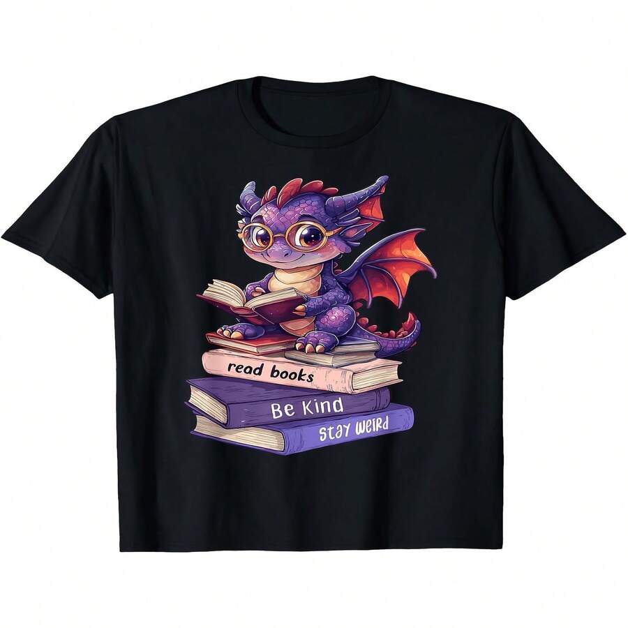 Camiseta exclusiva para el Día de la Independencia y el Día del Padre, decorada con un divertido y adorable dragón morado y la frase "Sé amable, sé único". Camiseta para amantes de los libros con dise?o de gafas rosas y pila de libros. Camiseta informal de manga corta con cuello redondo, ideal para lectores de fantasía y bibliotecarios. Tallas grandes. - Negro - Ver 1