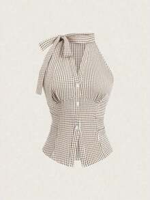 Camisa de mujer de corte ajustado con cuello con lazo, sin mangas, escote en V delantero abierto, botones verticales en la cintura y fruncido, de estilo casual y elegante para primavera y verano - Caqui - Ver 3