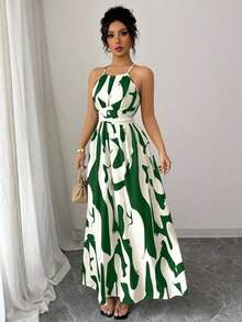 Vestido de línea A con estampado gráfico en blanco y negro, con hombros abiertos, nudo retorcido y escote de halter, elegante para primavera/verano de las mujeres - Verde - Ver 1