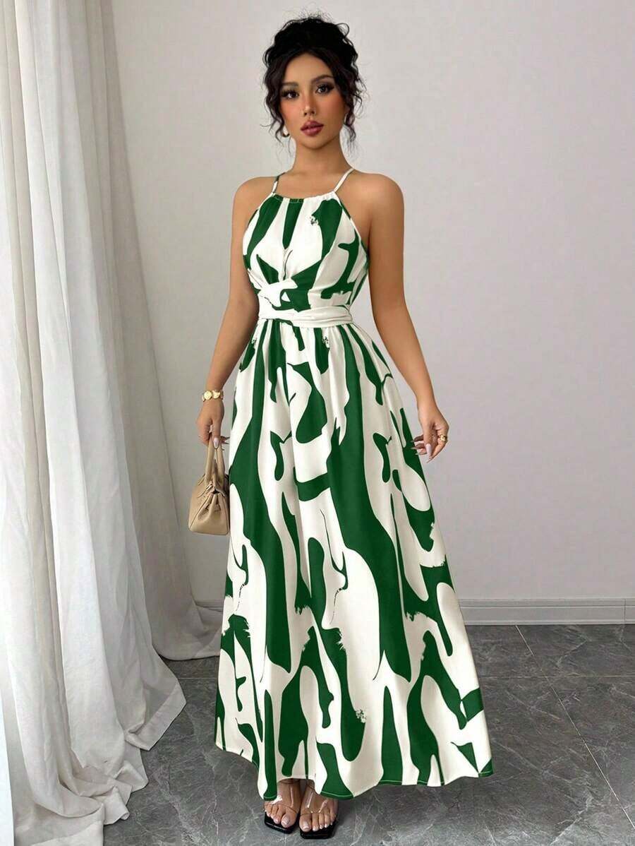 Vestido de línea A con estampado gráfico en blanco y negro, con hombros abiertos, nudo retorcido y escote de halter, elegante para primavera/verano de las mujeres - Verde - Ver 1