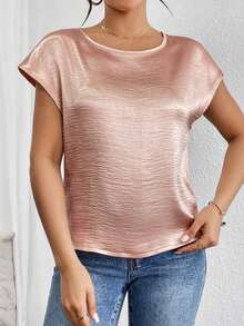 holgada y elegante casual con detalles metálicos en los hombros, blusa plisada de satén sólido de manga tipo murciélago para mujeres - Rosa - Ver 3