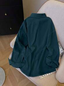 Camisa casual/de trabajo de manga larga, de un solo pecho y de unicolor para mujer de talla grande - Azul marino 2 - Ver 2