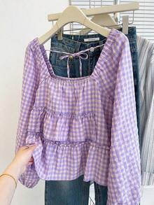 Blusa con volantes en el bajo, nueva llegada de otoño para mujer - Morado - Ver 4