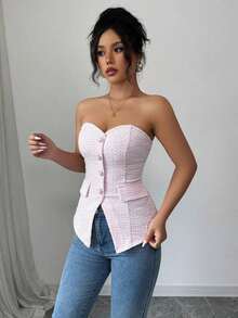 Top corto ajustado de verano para mujer con textura rosa, con detalle de botón de perla - Rosa 2 - Ver 1