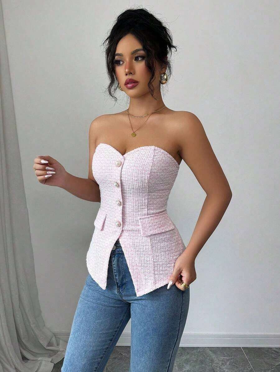 Top corto ajustado de verano para mujer con textura rosa, con detalle de botón de perla - Rosa 2 - Ver 1