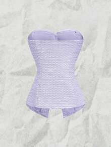 Top corto ajustado de verano para mujer con textura rosa, con detalle de botón de perla - Morado 2 - Ver 2