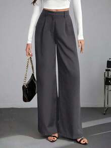 Tall Pantalones anchos de cintura alta de unicolor y versátiles, pantalones de cintura alta de estilo casual de otoño e invierno, pantalones negros de mujer, pantalones negros de vestir de pierna ancha, pantalones negros casuales, pantalones de esti - Gris Oscuro - Ver 1