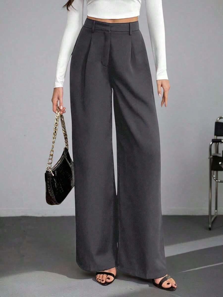 Tall Pantalones anchos de cintura alta de unicolor y versátiles, pantalones de cintura alta de estilo casual de otoño e invierno, pantalones negros de mujer, pantalones negros de vestir de pierna ancha, pantalones negros casuales, pantalones de esti - Gris Oscuro - Ver 1