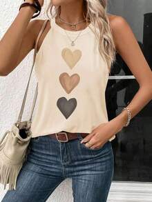 Top sin mangas con estampado de corazón, adecuado para el verano, top ajustado de mujer para volver al colegio, casual - Albaricoque - Ver 1