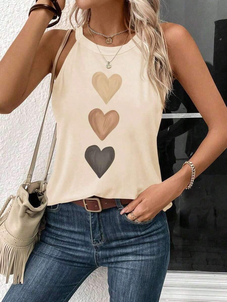 Top sin mangas con estampado de corazón, adecuado para el verano, top ajustado de mujer para volver al colegio, casual - Albaricoque - Ver 1