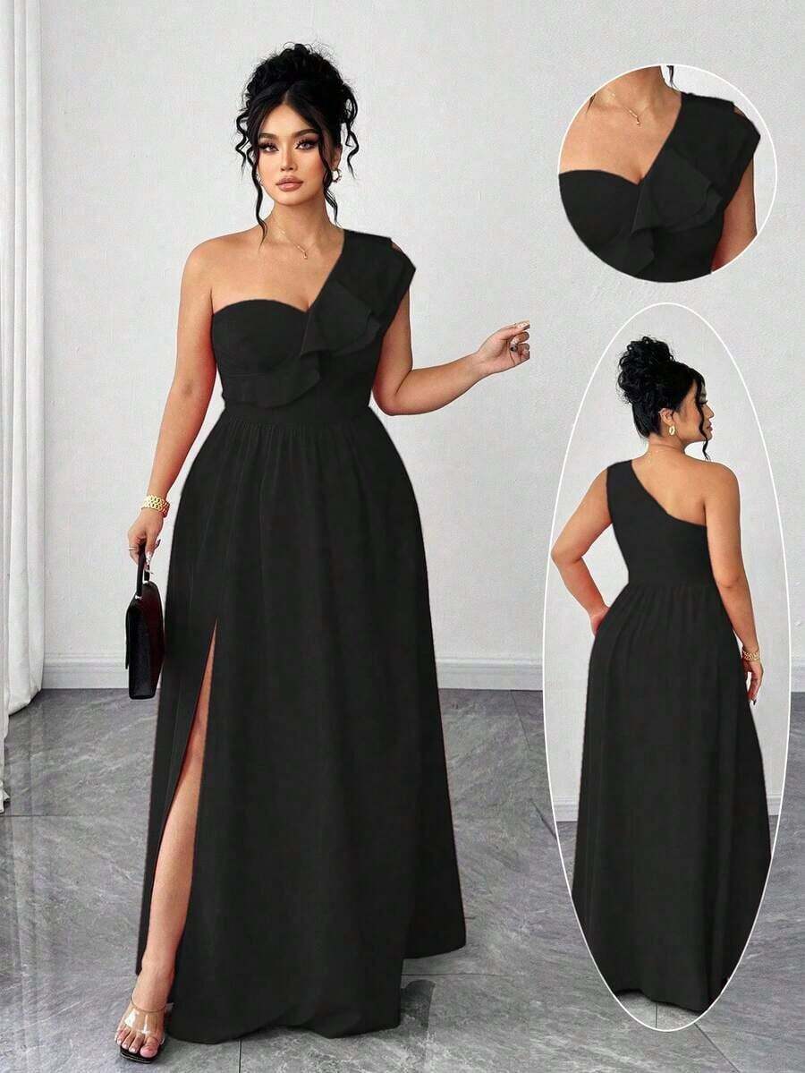 Vestido de mujer de talla grande con volantes, tirantes de espagueti y unicolor, adecuado para volver al colegio, graduación, San Valentín, festival de música, Día de la Madre, Halloween, Acción de Gracias, Pascua, Baile de graduación, cita, tempo - Negro - Ver 1