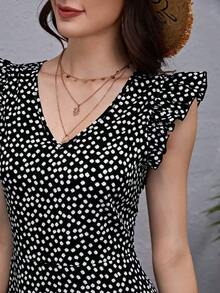 Vestido Floral De Estilo Romántico Con Volantes En Los Orificios De Los Brazos, Con Corte Asimétrico Y Detalles Decorativos De Volantes En Capas - Blanco y Negro - Ver 6