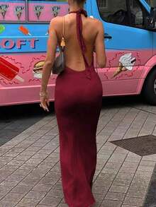 Vestido largo minimalista y elegante de mujer  de unicolor, con cuello en V profundo, volantes en la espalda, de punto con gran elasticidad, estilo europeo y americano, sin mangas, adecuado para vacaciones, ocio y uso diario en verano, color negro - Burdeos - Ver 11