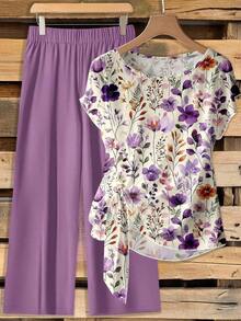 2 piezas Conjunto de camisa y pantalones casuales bohemios con estampado floral para mujer - Elegante conjunto romántico retro para primavera/verano, perfecto para vacaciones, boda en una isla tropical, fiesta de damas de honor, invitado de bod - Multicolor - Ver 1