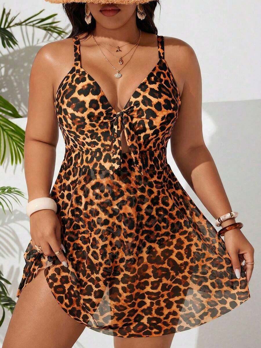 2026 Traje de baño de una pieza con efecto estilizante para tallas grandes| Estampado de leopardo clásico de estilo retro salvaje| Escote en V con lazo ajustable en la parte delantera para realzar el busto| Abertura frontal + dobladillo d - Multicolor 4 - Ver 1