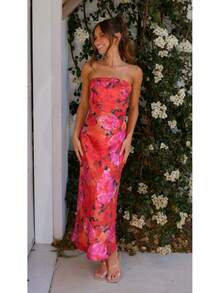 Women Midi Dresses - Big Red Floral Print - View 3