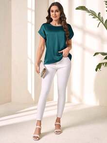 Blusa suelta elegante de verano para mujer con cuello redondo, mangas cortas tipo murciélago y unicolor - Blusas de manga corta - Verde Oscuro - Ver 3