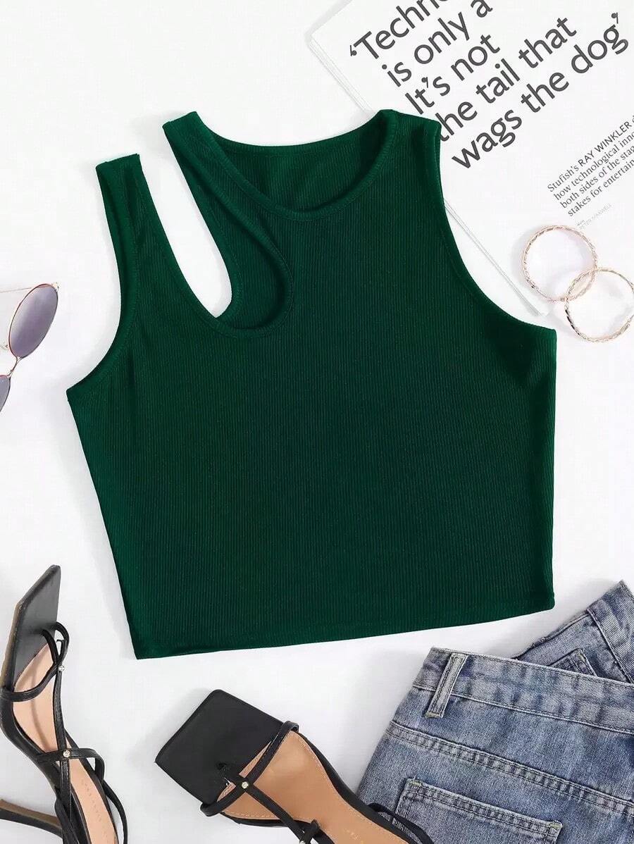 Top Sin Mangas De Punto Acanalado Con Hombro Cortado Sólido Para Verano - Verde Oscuro - Ver 1