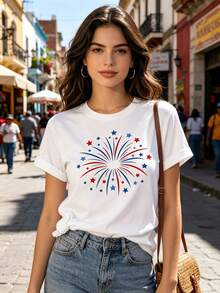 Limited Time Offer, Limited Quantities, Flash ! Women's Casual Shirts, Women's Polyester T-Shirts, Elegant Shirts. Women's T-Shirt With Fireworks Print, Round Neck, Casual Short Sleeves, Lightweight And Stretchy Fabric, Suitable For All Seasons. - 白色 - 查看 10