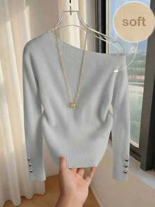Camiseta de mujer de un solo hombro, con decoración metálica, puños divididos y de unicolor acanalado, con un diseño elegante y versátil, perfecta para el verano, top elegante de mujer, top casual de mujer, ropa de playa, vacaciones de verano, ro - Gris - Ver 1