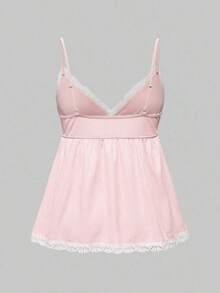 Conjunto de pijama casual de camiseta de tirantes acanalada y shorts con encaje - Rosa - Ver 6