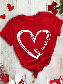 Women's Casual T-Shirt With Artistic Heart Print For Valentine's Day, New Year's Clothing, Graphic Tees For Women - 紅色的 - 查看 3