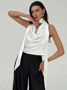 Top elegante y sexy de verano con escote profundo y espalda descubierta, ideal para dama de honor, boda, fiesta, cita romántica o vacaciones - Blanco - Ver 4