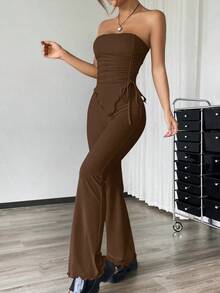 Conjunto de dos piezas con top asimétrico bandeau fruncido de unicolor y pantalones acampanados para mujer - Marrón Mocha - Ver 4