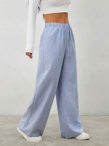 Pantalones casuales de pierna ancha a rayas para mujeres para ir al trabajo - Azul marino - Ver 4