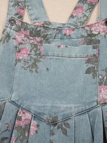Boho  Button Floral Jean Cotton Denim Overall Romper Jumpsuit - Blue - View 6