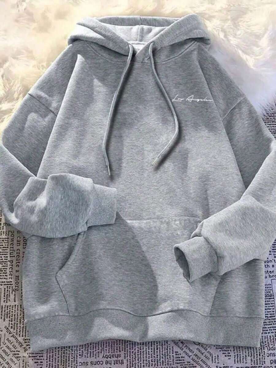 Men's Black Kangaroo Hoodie With Los Angeles Minimalist Print, Hooded Sweatshirt With Pocket, Warm And Stylish, Lowest Price - 灰色 - 查看 1