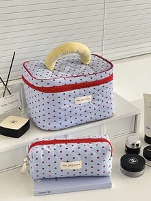 1个蓝色背景红色爱心化妆包，便携式化妆工具手提包，女士款，柔软面料，多功能化妆品收纳袋，旅行洗漱包，房间装饰，化妆品整理，收纳用品，旅行必备 - 彩色 - 查看 5