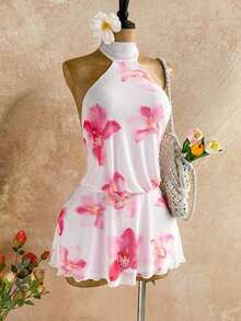 Vestido mini con estampado floral sin espalda y cuello halter para vacaciones casual de mujer - Rosa - Ver 1