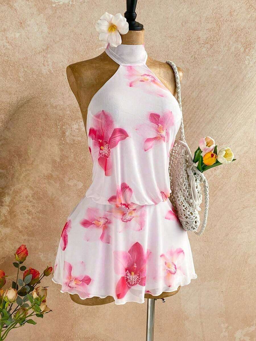 Vestido mini con estampado floral sin espalda y cuello halter para vacaciones casual de mujer - Rosa - Ver 1